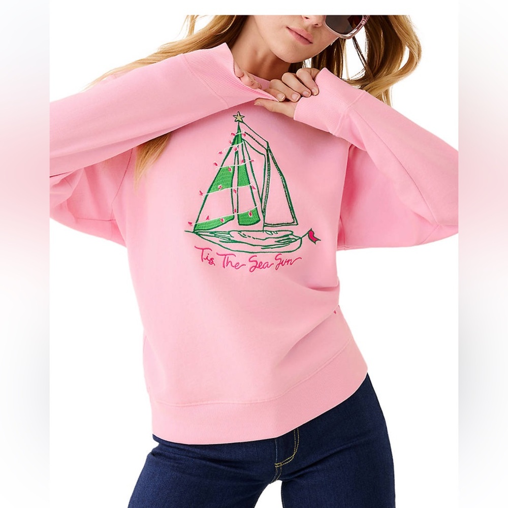 Lilly Pulitzer Ballad Cotton Sweatshirt Christmas Holiday Pink Party Boat L